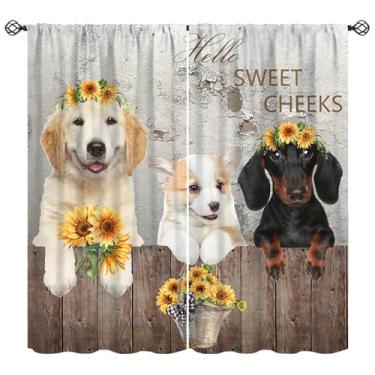 Imagem de Cortinas com estampa de cachorro, fazenda rústica, fazenda, de madeira, girassol, tratamentos de janela, cortinas com isolamento térmico, bolso para varão, conjuntos de 2 painéis para quarto, sala de