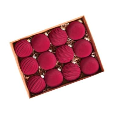 Imagem de shamjina 12 peças de enfeites de bola de Natal flocados, enfeites decorativos com alça para pendurar, decorações para árvores de Natal de 6 cm para teto, Vermelho Escuro