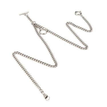 Imagem de Chiffonade Corrente de relógio de bolso de 43 cm com fecho de barra em T, corrente de relógio de metal prateado para colete/terno (1 corrente de relógio de bolso)