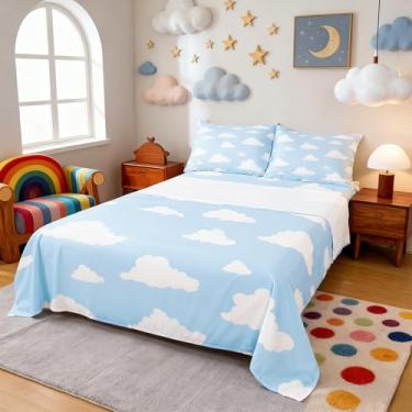 Imagem de Homewish Jogo de cama com nuvens brancas, nuvens brancas, céu azul, decoração para crianças, adolescentes e adultos, jogo de lençol com elástico, 2 fronhas tamanho casal 4 peças