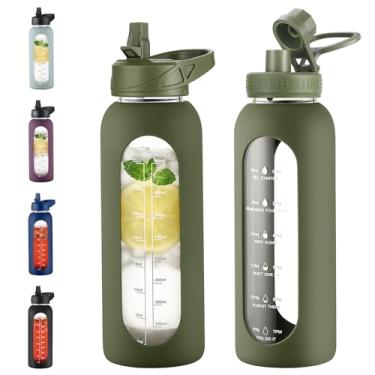 Imagem de EALGRO Garrafa de água de vidro de 1,134 g com canudo e alça, frasco de água motivacional esportivo com manga de silicone, copo de água grande com marcador de tempo para viagem, academia, verde