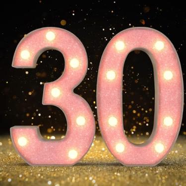 Imagem de Números para letreiros, números iluminados por LED, decorações de aniversário rosa, decorações de festa rosa, luzes numéricas para aniversário, decoração de chá de casamento, número 30
