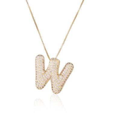 Imagem de Colar feminino, colar com letra de diamante dourado com inicial de zircão, alfabeto, colar de bolha de cristal, pingente de nome, joia feminina (W)