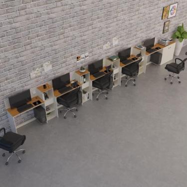 Imagem de Conjunto De Escritório Tech 4 Livreiro 1 Buffet E 5 Mesas 90 - Off White E Cedro Off White E Cedro
