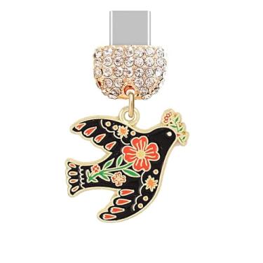 Imagem de ELISE & FONDA Porta de carregamento tipo C TP948 plugue antipoeira Little Peace Dove com pingente de flor e ramo de oliveira para iPhone 15/16/Samsung/OnePlus/Xiaomi/oppo telefones Android (preto)