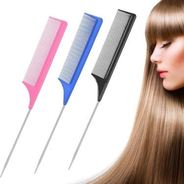 Imagem de Pacote com 3 pentes de cauda de rato, pente de dente fino de fibra de carbono resistente ao calor para corte e provocação de cabelo de rabo, com pino de aço inoxidável