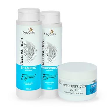Imagem de Begônia Kit Reconstrução Capilar, Shampoo, Condicionador e Máscara de Tratamento com Queratina, Restauração Intensa para Cabelos Danificados, 400ml