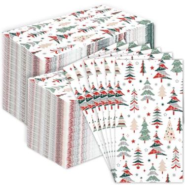 Imagem de 200 guardanapos de papel de árvore de Natal descartáveis vermelhos e verdes guardanapos de papel de Natal toalhas de mão decorativas para convidados, guardanapos de festa macios absorventes para