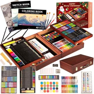 Imagem de KINSPORY Pacote com 168 materiais de arte, conjunto de arte de madeira de luxo, kit de pintura, desenho, pintura, livro de colorir, blocos de esboço, caixa de presente criativa para artistas