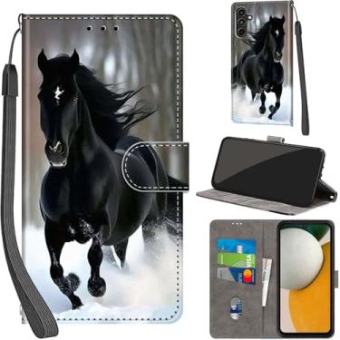 Imagem de Salanheo Capa carteira para Samsung Galaxy A15 4G / A15 5G, com [3 compartimentos para cartões], fecho magnético com suporte, capa protetora de couro PU à prova de choque 16,5 cm, neve e cavalos