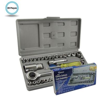 Imagem de Jogo Kit de Soquetes Sextavados Cachimbo com Chave Catraca 39 Peças - 