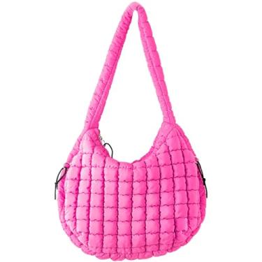 Imagem de JueiXeoy Sacola acolchoada para mulheres, grande, acolchoada, transversal, Hobo, bolsa fofa, bolsa de mão, bolsa de ombro de nylon, Vermelho rosa, One Size