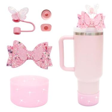 Imagem de 1ze1ziyo Conjunto de 10 acessórios para copos Stanley 20/30/1,134 g - incluindo 2 gravatas borboletas fofas, 2 tampas de cobertura de palha, 4 tampas à prova de derramamento, 2 botas de silicone