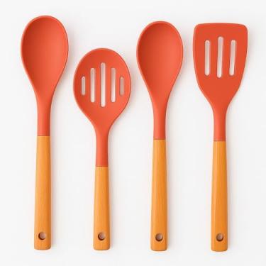 Imagem de Kit UtensíLios de Cozinha Silicone，Colher de Pau，Multicolorido，Panela Antiaderente，Adequado para Fazer Massas(Terracota)