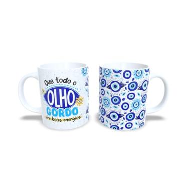 Imagem de Caneca Decorativa com Olho Grego, Cerâmica Branca, 325ml, Design Místico com Padrão de Olhos e Amuletos (17362)