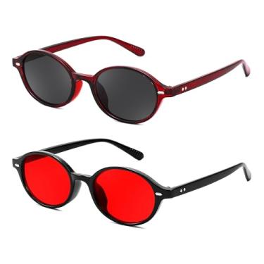 Imagem de FEISEDY Óculos de sol ovais retrô para mulheres anos 90 estreito redondo leve Y2k Sunnies modernos B1171, Pacote com 2 (moldura vermelha transparente 007 e cinza + moldura preta 008 e vermelha), 47mm