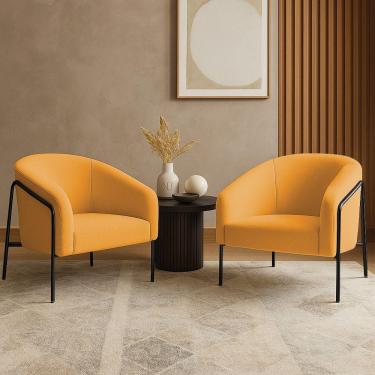 Imagem de Poltrona Sala Industrial Alta Preto Kit 2 Stella Bouclê D03 - D'rossi Cor Mostarda