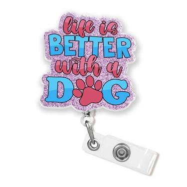 Imagem de Life is Better with A Dog Badge Reel de 4,5 cm pata engraçada fofa amante de animais de estimação enfermeira CNA enfermeira flebotomia farmácia pediátrica crachá retrátil com clipe jacaré acrílico