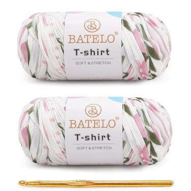 Imagem de BATELO Pacote com 2 fios de camiseta para iniciantes em crochê/cesta/porta-copos, tecido de poliéster grosso elástico de 400 g (branco floral)