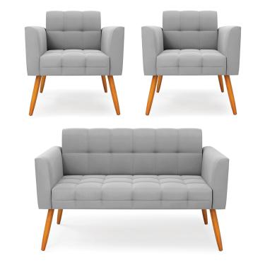 Imagem de Kit 1 Sofá Namoradeira e 2 Poltronas Elisa Suede Cinza Pés Palito Castanho D03 - D'Rossi