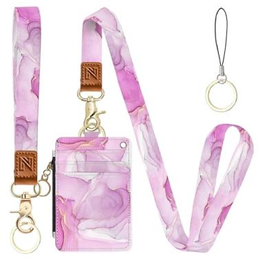Imagem de Porta-crachá de identificação 2 em 1 de mármore rosa e carteira com cordão para professores, enfermeiras, profissionais - linda bolsa de moedas com zíper, alça de pulso removível e cordão de pescoço