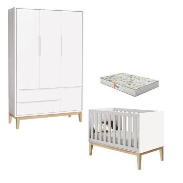 Imagem de Berço Americano E Guarda Roupa 3 Portas New Classic Branco Com Pés Madeira Natural E Colchão Gazin ? Reller