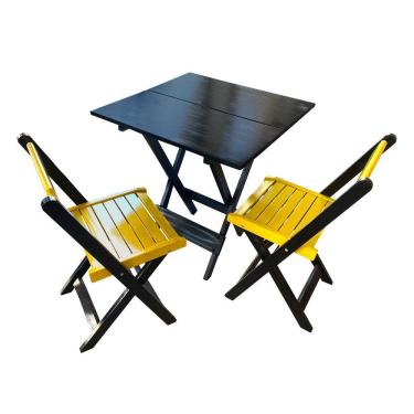 Imagem de Mesa De Madeira Dobrável Preto 70x70 Com 2 Cadeiras Dobráveis Amarelo - Amarelo