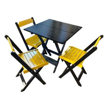 Imagem de Mesa De Madeira Dobrável Preto 70x70 Com 3 Cadeiras Dobráveis Amarelo - Amarelo