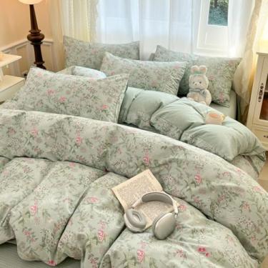 Imagem de CCoutueChen Jogo de cama completo com 3 peças, verde e rosa, floral para meninas, crianças, botânica, estampa listrada reversível, microfibra macia, verde sálvia com 2 fronhas (sem edredom)