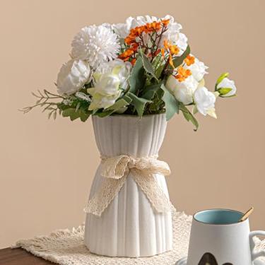 Imagem de Vaso decorativo de cerâmica branca com laço de renda, estilo rústico de fazenda, textura canelada, suporte de flores para decoração de casa V-DBD-SBLSJ-W
