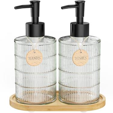 Imagem de Masadi Conjunto de dispensador de sabão com bandeja de bambu, conjunto de dispensador de loção de louça e sabonete para as mãos com bomba de madeira para decoração de cozinha e banheiro para balcão