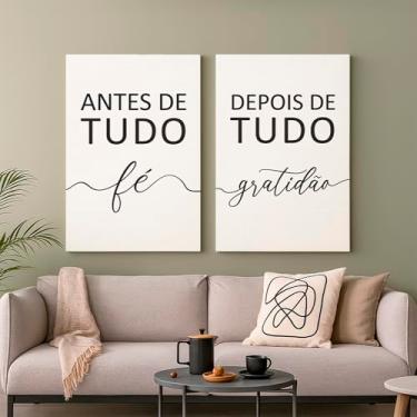 Imagem de Arte em Canvas Fé e Gratidão, Conjunto de 2 Quadros Decorativos, Tela Branca com Texto em Preto, Estilo Moderno para Sala de Estar 90x60