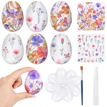 Imagem de JarThenaAMCS Kit de artesanato de ovos de Páscoa, 12 peças de ovos de páscoa de plástico com 40 peças de guardanapo de papel de decoupage floral, faça você mesmo, conjunto de pincéis para decoração de