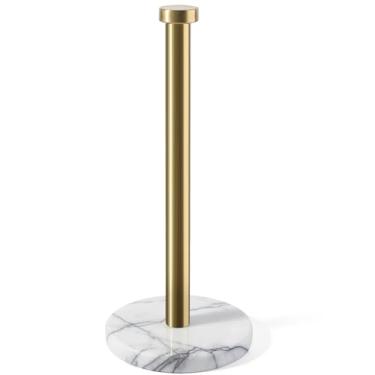 Imagem de Koville Suporte de toalha de papel, suporte de rolo de papel em pé com base de mármore ponderada de 15 cm, suporte de toalha de papel de pedra com haste de aço inoxidável dourada para cozinha e