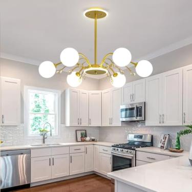 Imagem de Lustre Sputnik Dourado, Lustre Moderno de Meados do Século XX, Luminária de Teto com Decoração em Cristal, Luminária Pendente com Cúpula de Vidro Branco Leitoso para Sala de Estar, Cozinha,