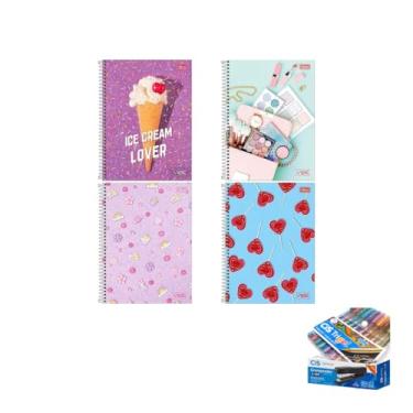 Imagem de Kit Caderno Universitário Vibe Feminino 1M 80F Tilibra + Caneta Trigel Metálica 1.0mm + Grampeador Metallic C-15