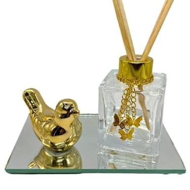 Imagem de Kit Luxo Difusor de Aromas Cubo 100ml com Bandeja Espelhada, Corrente Decorativa e Mini Passarinho(BORBOLETA)