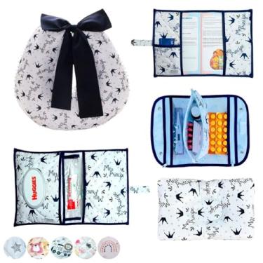 Imagem de Porta Remédios Portátil + Porta Fraldas, lenço e Pomada + Almofada Amamentação + Porta Caderneta + Travesseiro Anatômico(MEU PRÍNCIPE MARINHO)