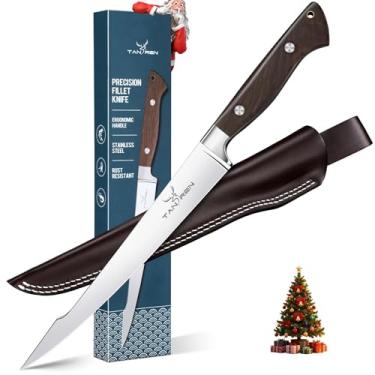 Imagem de TAN REN Faca de filé para peixe de 23 cm, faca de filete de aço inoxidável, facas de filé de carne de pesca com bainha para filetagem e limpeza, facas de filé de peixe com cabo de madeira, presente de