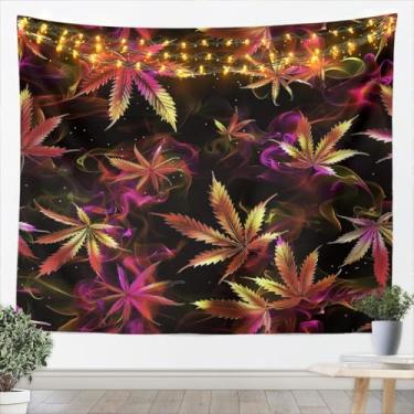 Imagem de Tapeçaria para pendurar na parede com folhas de cannabis, neon, vermelho, rosa, nevoeiro, fumaça, triplex, manta de parede, tapeçarias de poliéster psicodélico, folha de maconha, amarelo, folha, erva