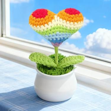 Imagem de Vaso de plantas de crochê, mini decoração de malha para casa/escritório/presentes, decoração de mesa ecológica, coração colorido