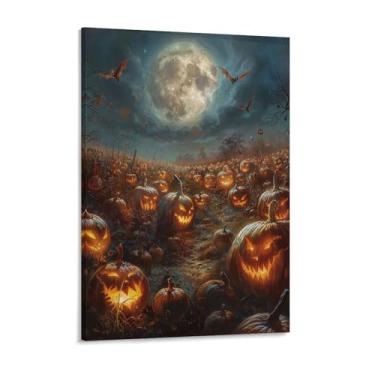 Imagem de HouLaiZhe Pôster de Halloween Lua Morcego Abóbora Remendo Tela Impressões de Arte de Parede Decorações de Halloween Decoração de Parede Estética Gótica para Sala de Estar Quarto 18 x 24 polegadas (45