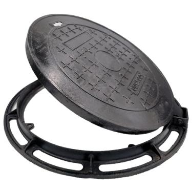 Imagem de DuuMuut Tampa e moldura de ferro fundido de 71 cm, tampa de tanque séptico preta classe B com base, tampa redonda para pia de esgoto, tampa de inspeção de metal resistente para garagem, concreto