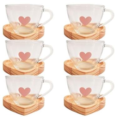 Imagem de Jogo Xícaras Café Chá com Pires Madeira Coração Rosa Presente Criativo Mesa Posta Cantinho do Café (6 Xíc. CHÁ Coraçao Rosa +Pires)
