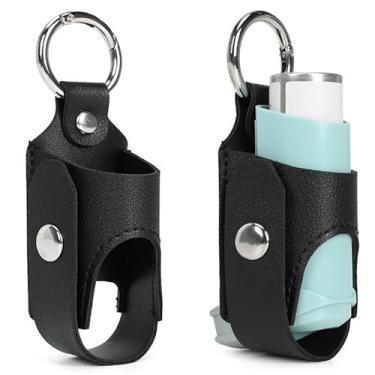 Imagem de 1 capa para inalador de couro sintético, design de chaveiro portátil, bolsa casual leve para inaladores de asma, viagens diárias, preto