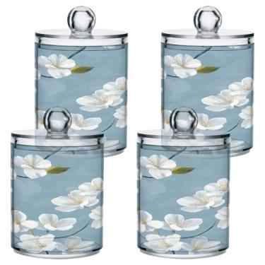 Imagem de STAYTOP 2 peças de frascos de boticário de flor de cerejeira branca para banheiro com etiquetas - recipiente de armazenamento Qtip de plástico transparente acrílico para bola de algodão, cotonete