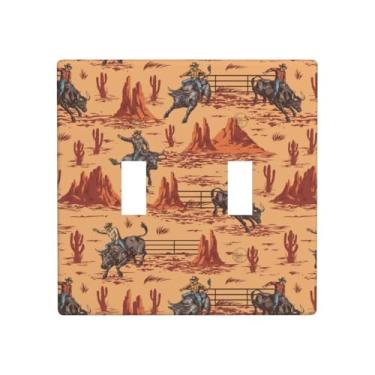 Imagem de Indokyeyqaz Western Cowboy Deserto Interruptor de Luz Dupla Placa Decorativa de Parede, 2 Placas de Interruptor de Gang e Capas de Tomada 11,4 cm x 11,4 cm para Quarto, Banheiro, Cozinha, Decoração de