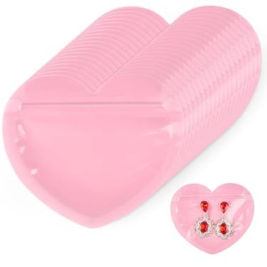 Imagem de Ohuimrt 100 peças mini bolsa de joias em forma de coração, 8 x 10 cm rosa resselável Mylar Ziplock, sacos de embalagem fofos para joias, brincos, colar, bugigangas, suprimentos para o dia dos