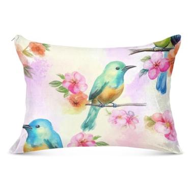 Imagem de Aquarela pássaros flores vibrantes fronhas de flanela com zíper artístico padrão king queen size fronha para travesseiro para cama de casa sofá, tamanho padrão, 51 x 66 cm