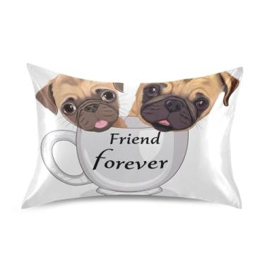 Imagem de Fronhas refrescantes legais fofas desenho animado cão pug animal cetim desenho king queen padrão fronhas decoração de cama fronha tamanho king 101,6 cm x 50,8 cm